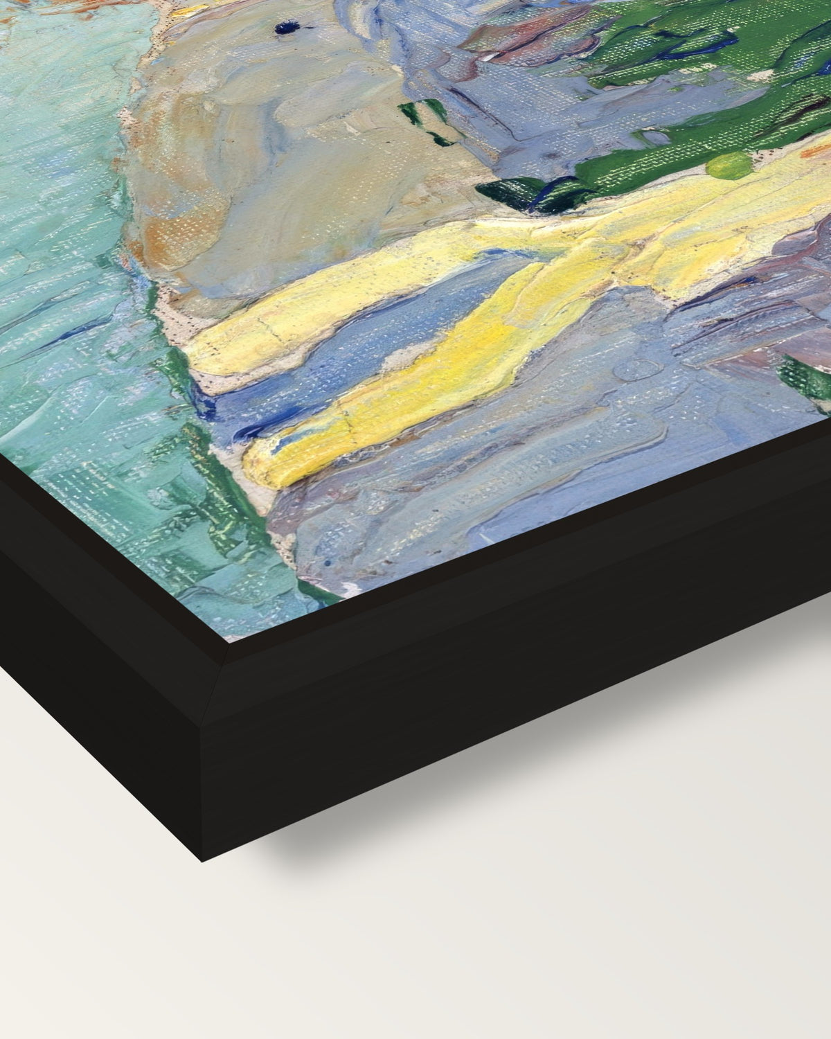 Munich – The Isar by Kandinsky framed canvas, corner close-up: a black floating frame with a shadow gap round the canvas