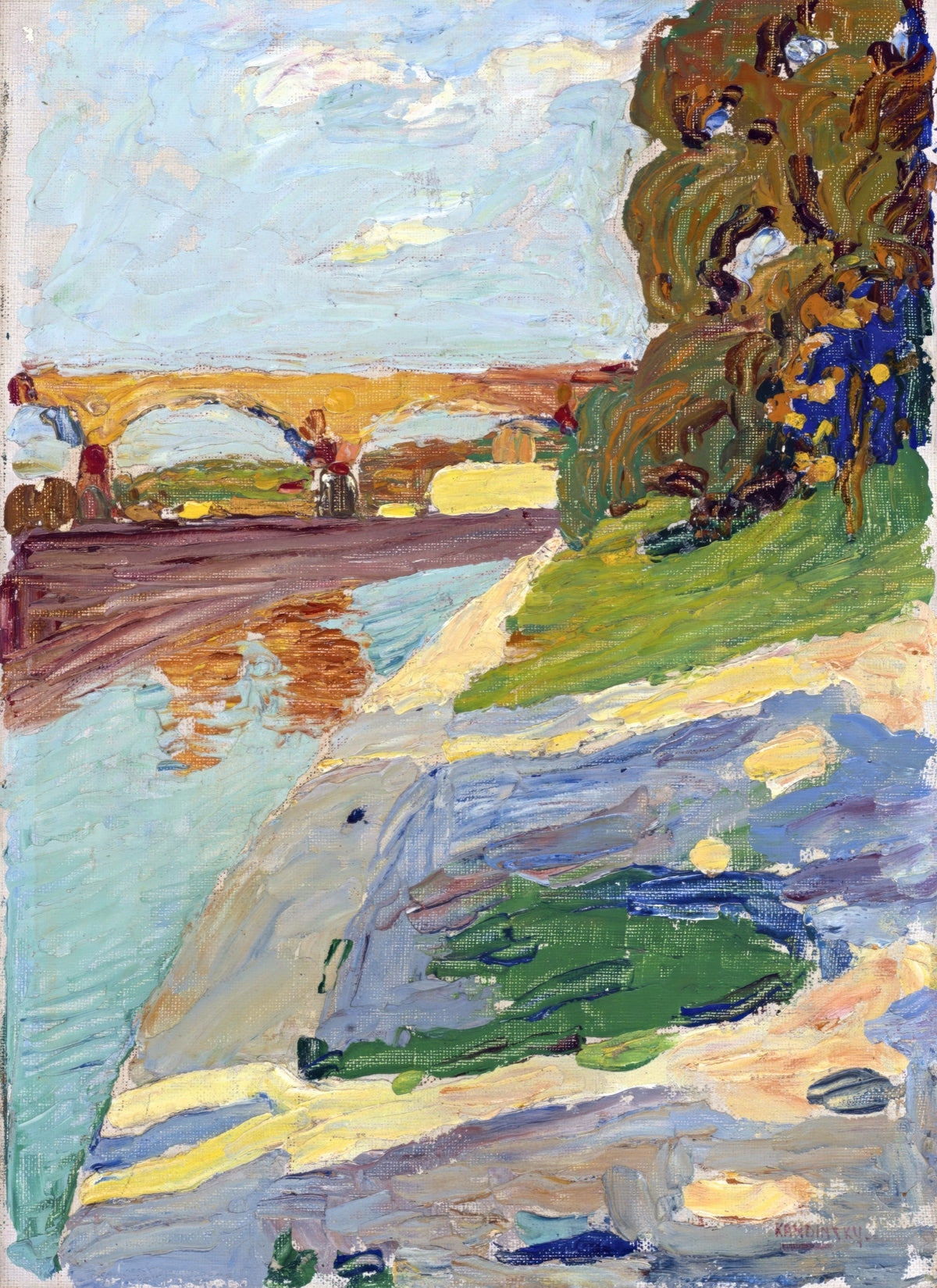 Munich, The Isar by Wassily Kandinsky: a pale river with a bridge beyond, and autumn trees on the bank in quick strokes