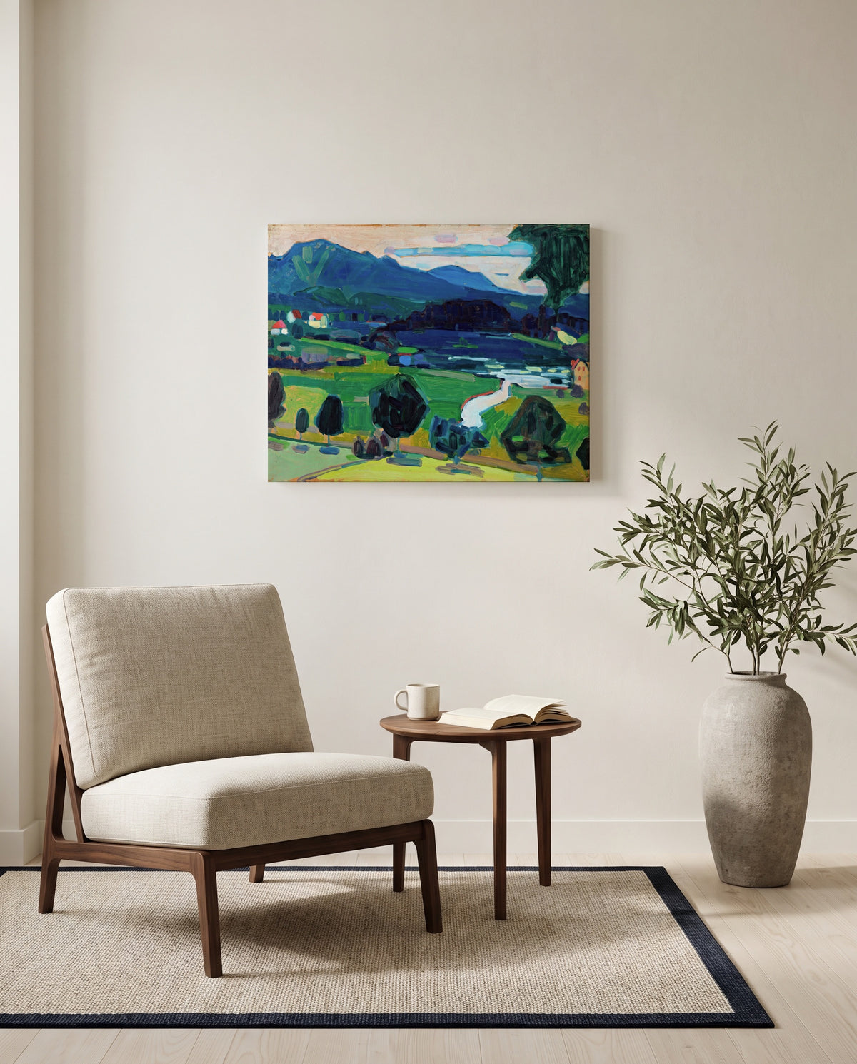 Murnau – Staffelsee by Wassily Kandinsky as a stretched canvas above a linen lounge chair in a reading corner