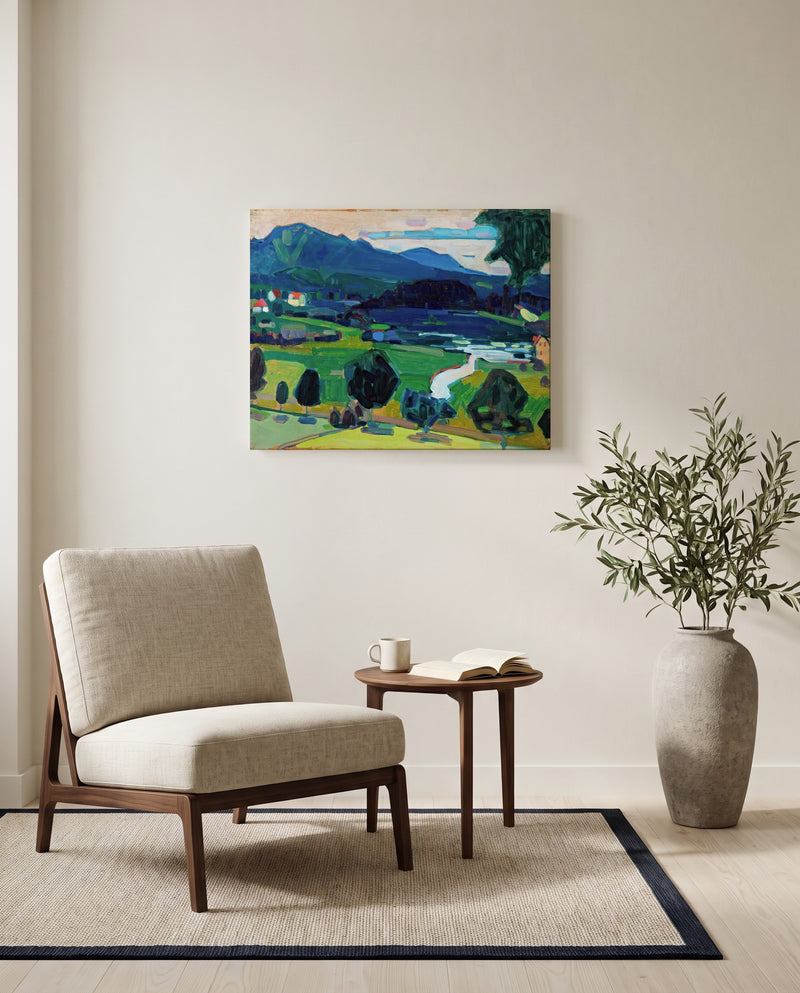Murnau – Staffelsee by Wassily Kandinsky as a stretched canvas above a linen lounge chair in a reading corner