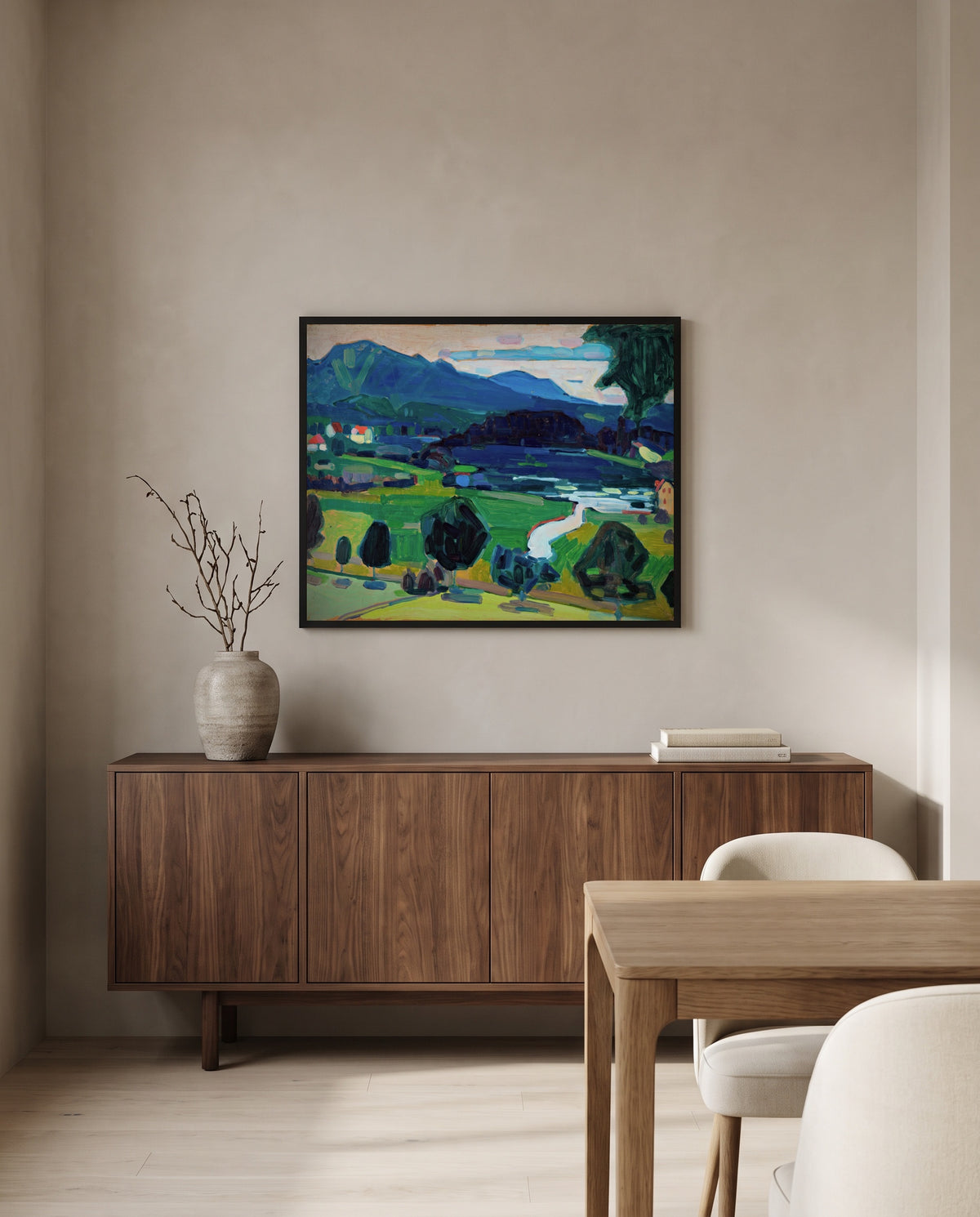 Murnau – Staffelsee by Wassily Kandinsky in a black frame above a walnut sideboard in a dining room