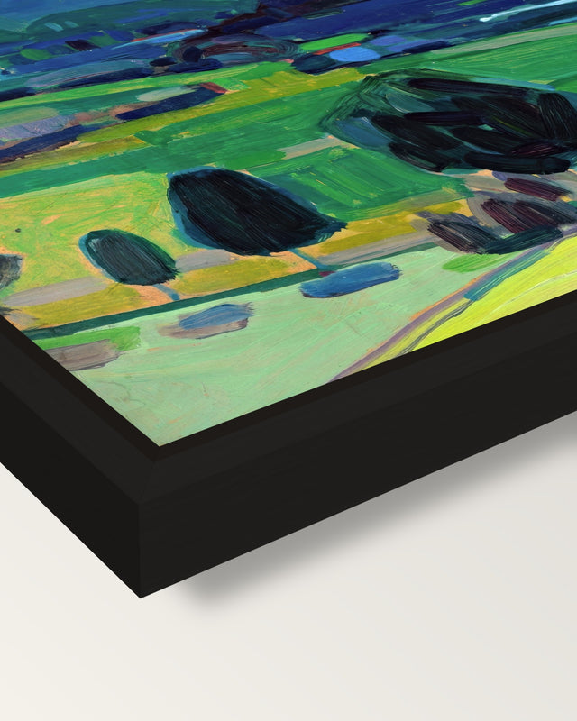 Murnau – Staffelsee by Kandinsky framed canvas, corner close-up: a black floating frame with a shadow gap round the canvas