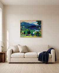 Murnau – Staffelsee by Wassily Kandinsky framed in natural oak above a cream sofa in a warm living room