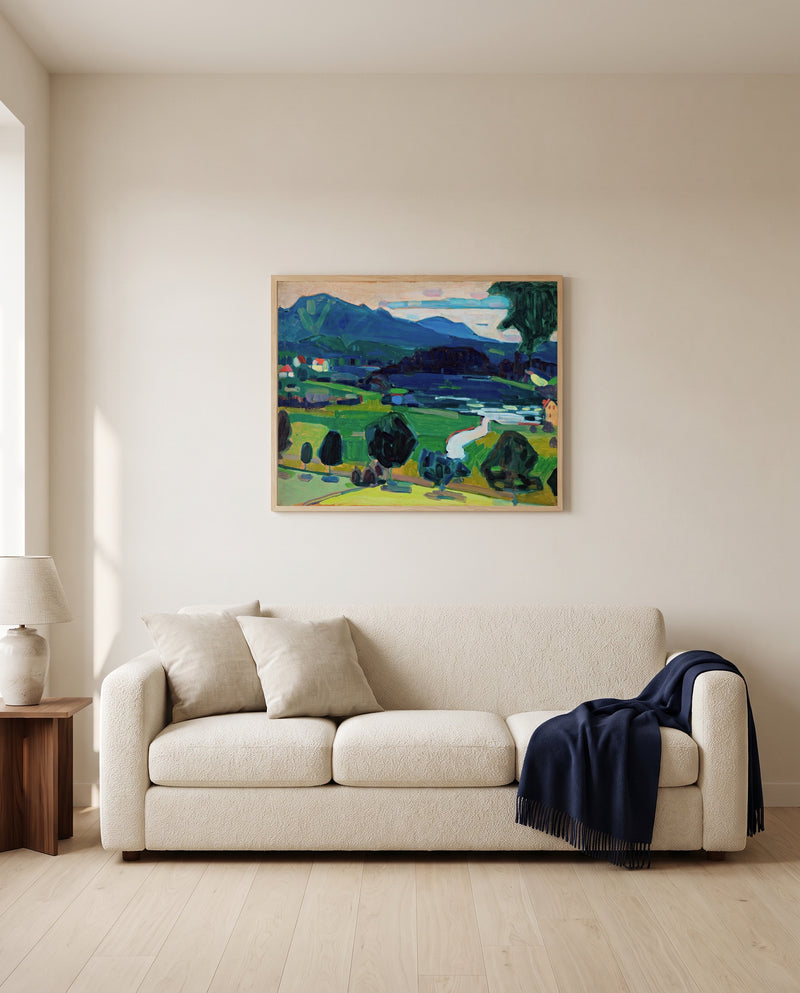 Murnau – Staffelsee by Wassily Kandinsky framed in natural oak above a cream sofa in a warm living room