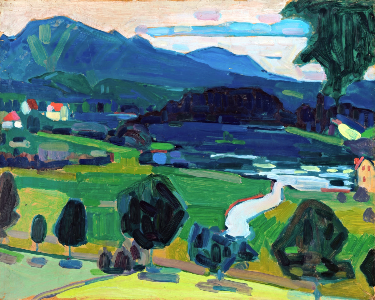 Murnau, View over the Staffelsee by Wassily Kandinsky: blue mountains, green fields and dark trees above a lake