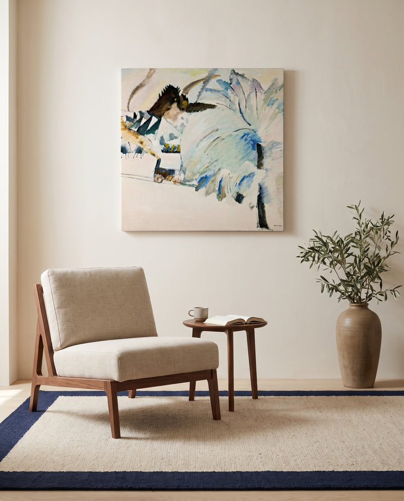 Murnau with Locomotive by Wassily Kandinsky as a stretched canvas above a linen lounge chair in a reading corner
