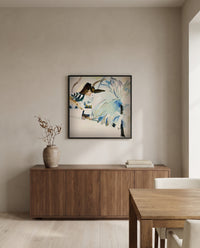 Murnau with Locomotive by Wassily Kandinsky in a black frame above a walnut sideboard in a dining room