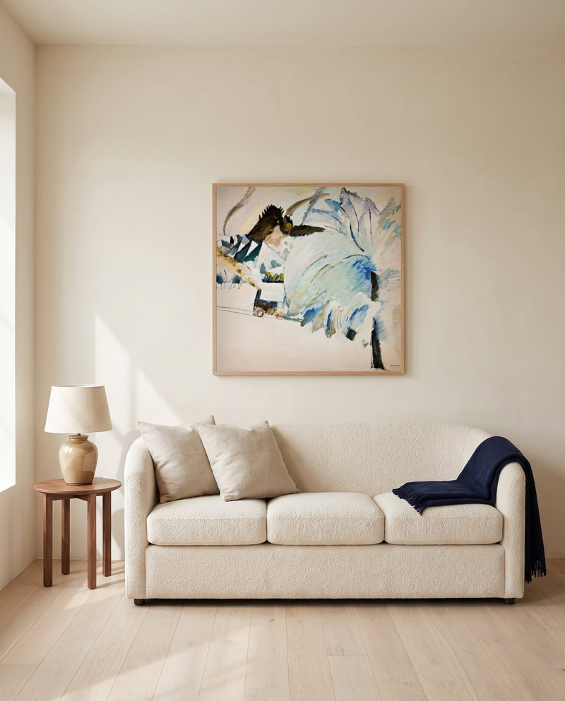 Murnau with Locomotive by Wassily Kandinsky framed in natural oak above a cream sofa in a warm living room