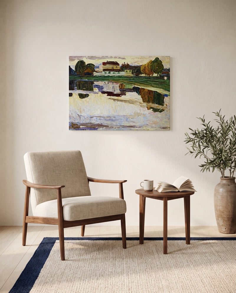 Nymphenburg by Wassily Kandinsky as a stretched canvas above a linen lounge chair in a reading corner