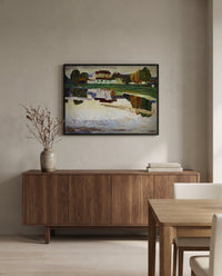 Nymphenburg by Wassily Kandinsky in a black frame above a walnut sideboard in a dining room