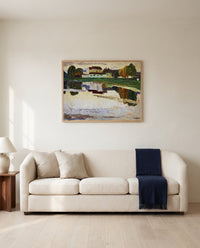 Nymphenburg by Wassily Kandinsky framed in natural oak above a cream sofa in a warm living room