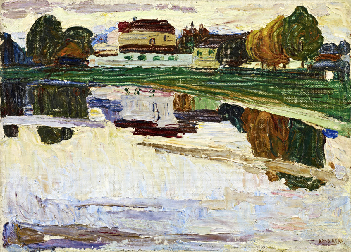 Nymphenburg by Wassily Kandinsky: a building beyond dark trees reflected in still water, in thick strokes