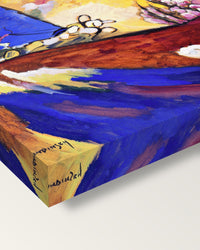 Painting with Troika by Wassily Kandinsky on stretched canvas, corner close-up: the painting mirror-wrapped round the sides
