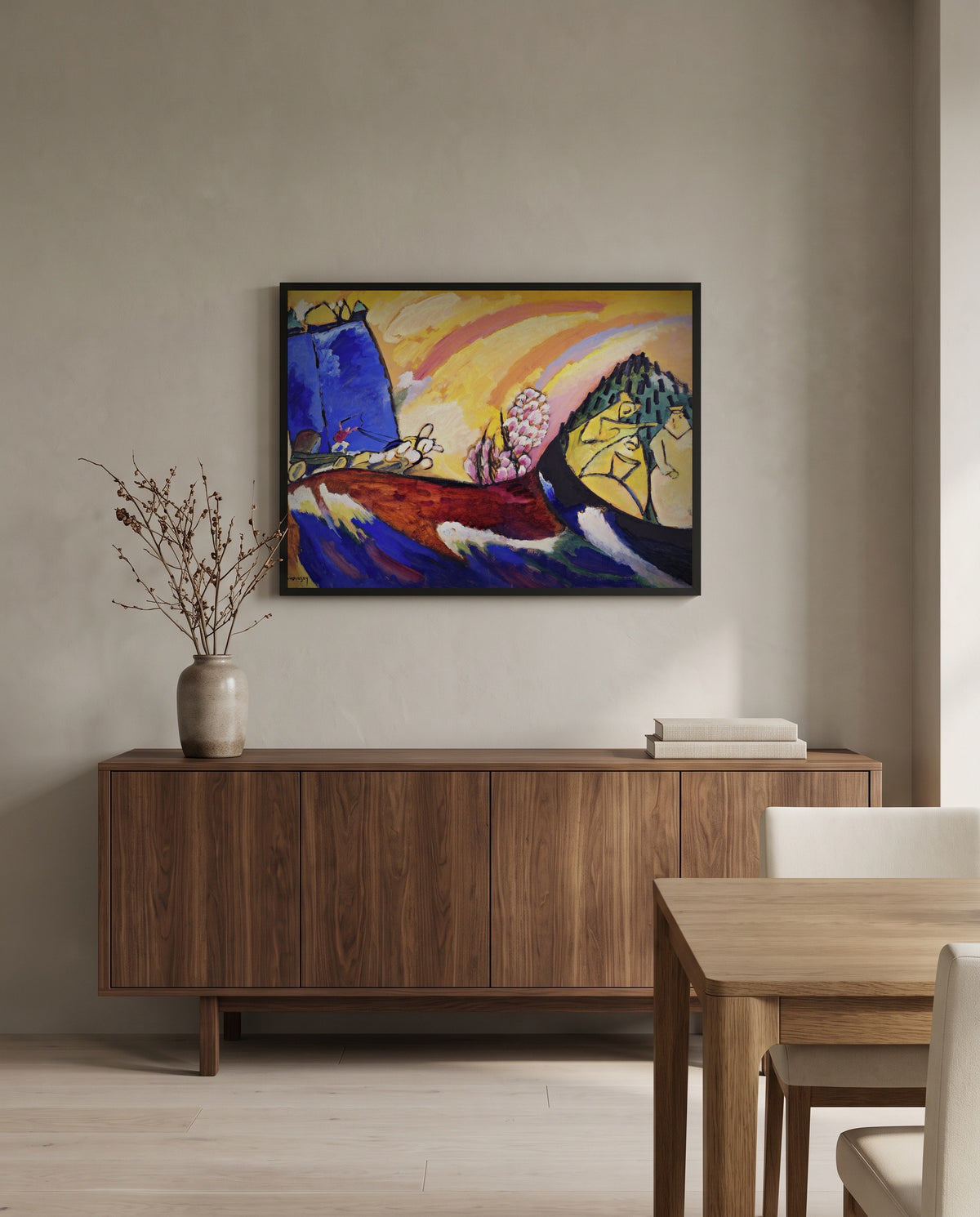 Painting with Troika by Wassily Kandinsky in a black frame above a walnut sideboard in a dining room