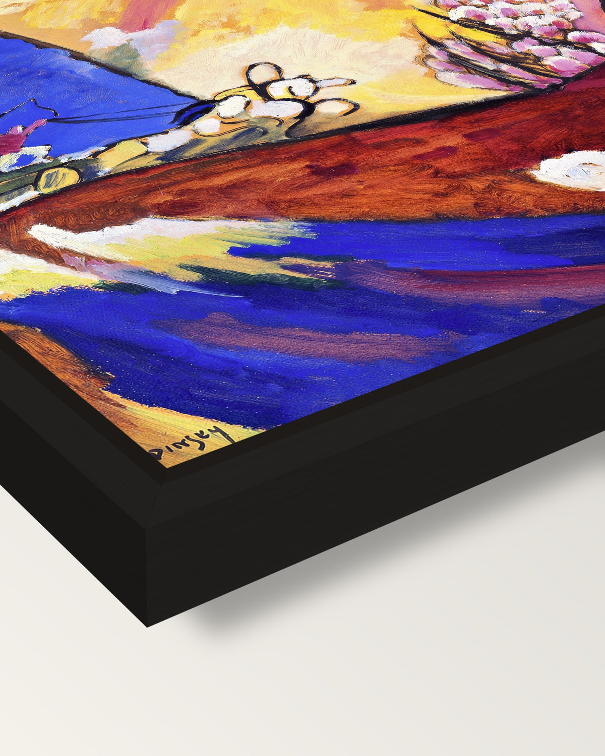 Painting with Troika by Kandinsky framed canvas, corner close-up: a black floating frame with a shadow gap round the canvas