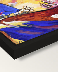 Painting with Troika by Kandinsky framed canvas, corner close-up: a black floating frame with a shadow gap round the canvas