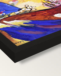 Painting with Troika by Kandinsky framed print, corner close-up: black moulding, mitred, the print set just below its edge
