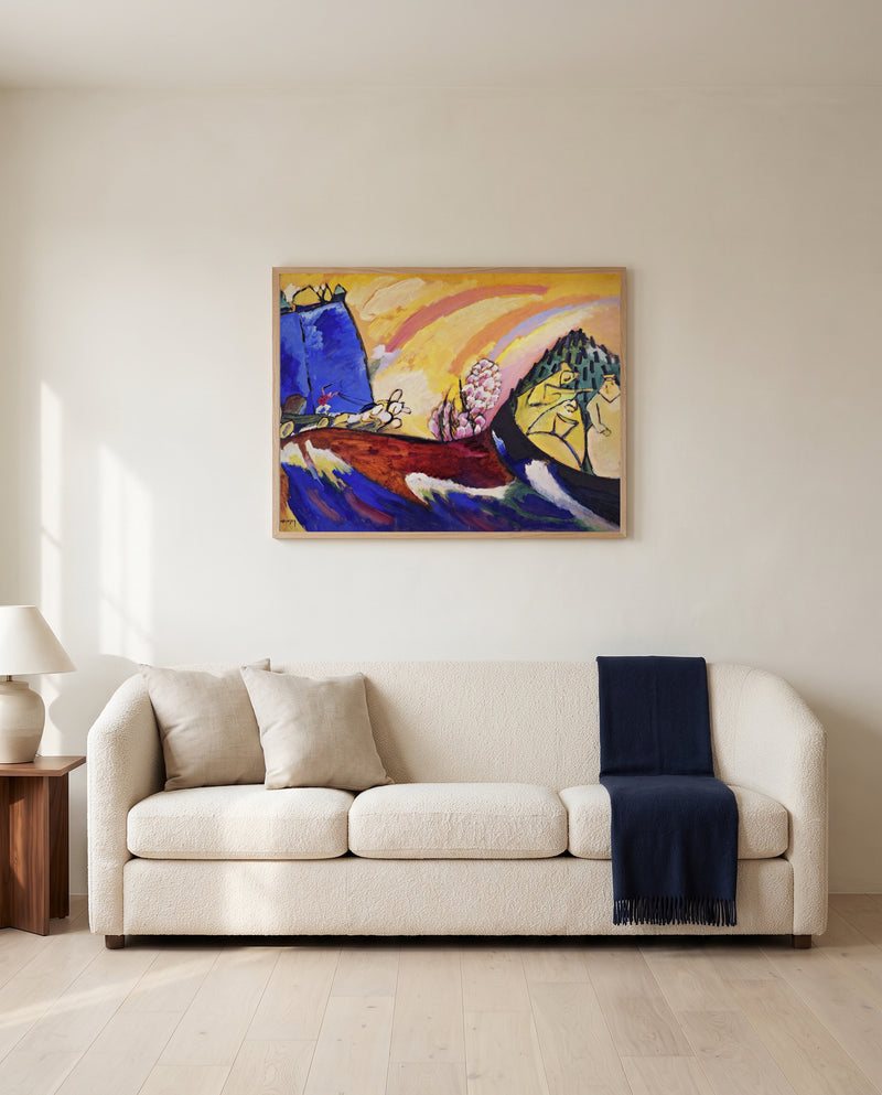 Painting with Troika by Wassily Kandinsky framed in natural oak above a cream sofa in a warm living room