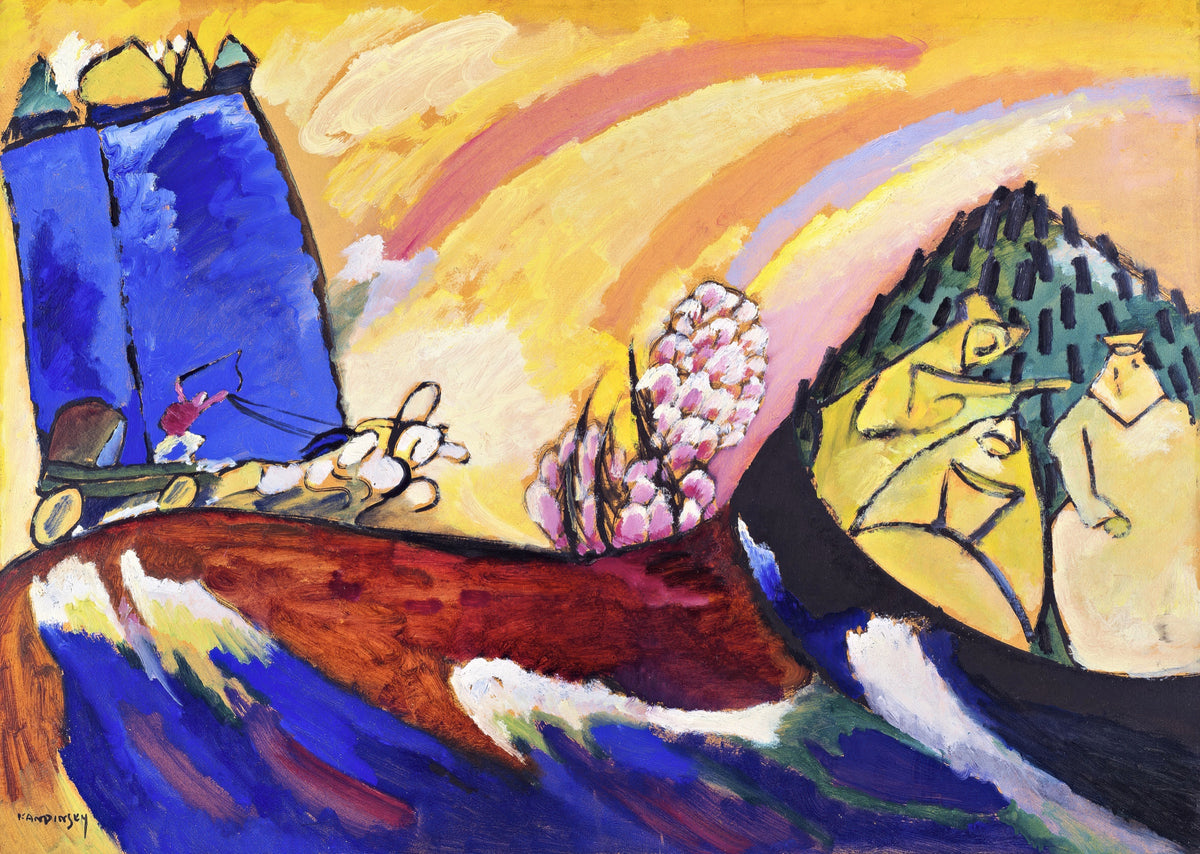 Painting with Troika by Wassily Kandinsky: a blue tower, a red slope and a small three-horse carriage in swirling colour