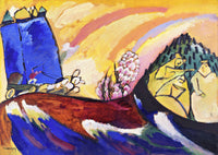 Painting with Troika by Wassily Kandinsky: a blue tower, a red slope and a small three-horse carriage in swirling colour