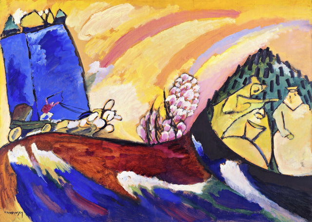 Painting with Troika by Wassily Kandinsky: a blue tower, a red slope and a small three-horse carriage in swirling colour