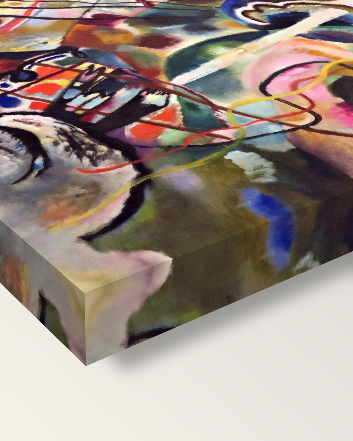 Painting with White Border by Kandinsky on stretched canvas, corner close-up: the painting mirror-wrapped round the sides