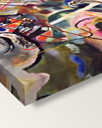 Painting with White Border by Kandinsky on stretched canvas, corner close-up: the painting mirror-wrapped round the sides