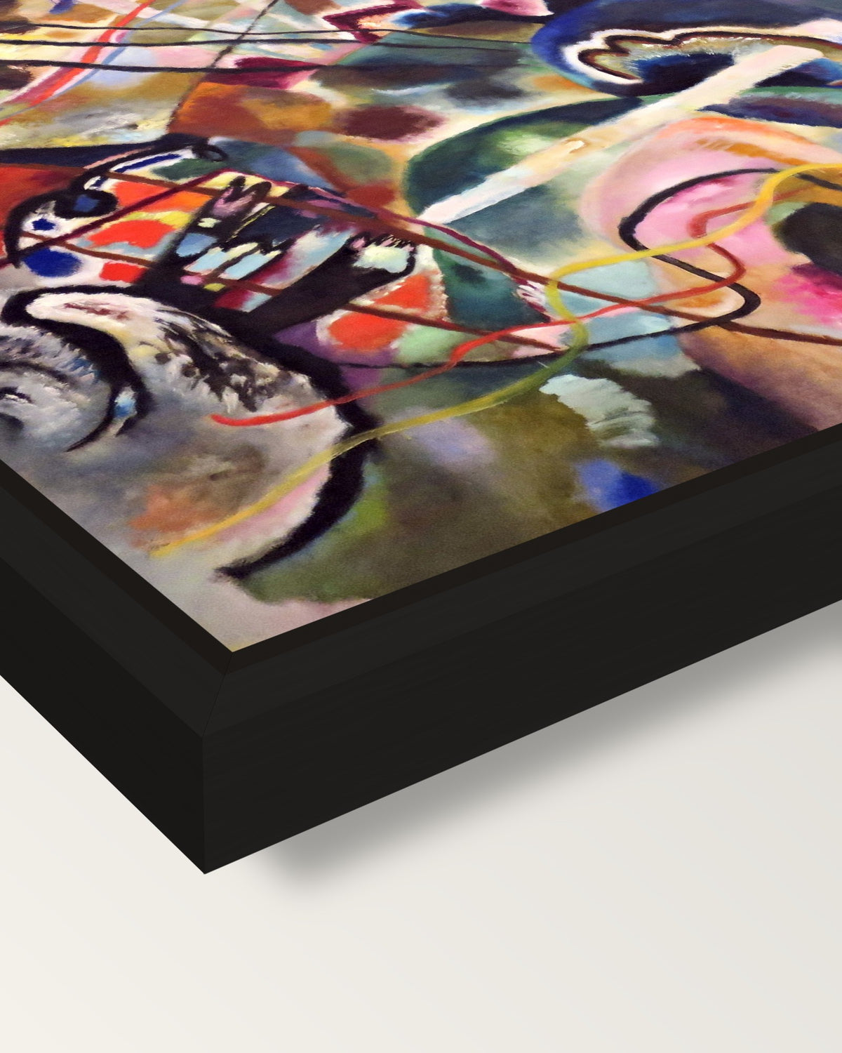 Painting with White Border framed canvas, corner close-up: a black floating frame with a shadow gap round the canvas