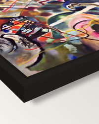 Painting with White Border framed canvas, corner close-up: a black floating frame with a shadow gap round the canvas