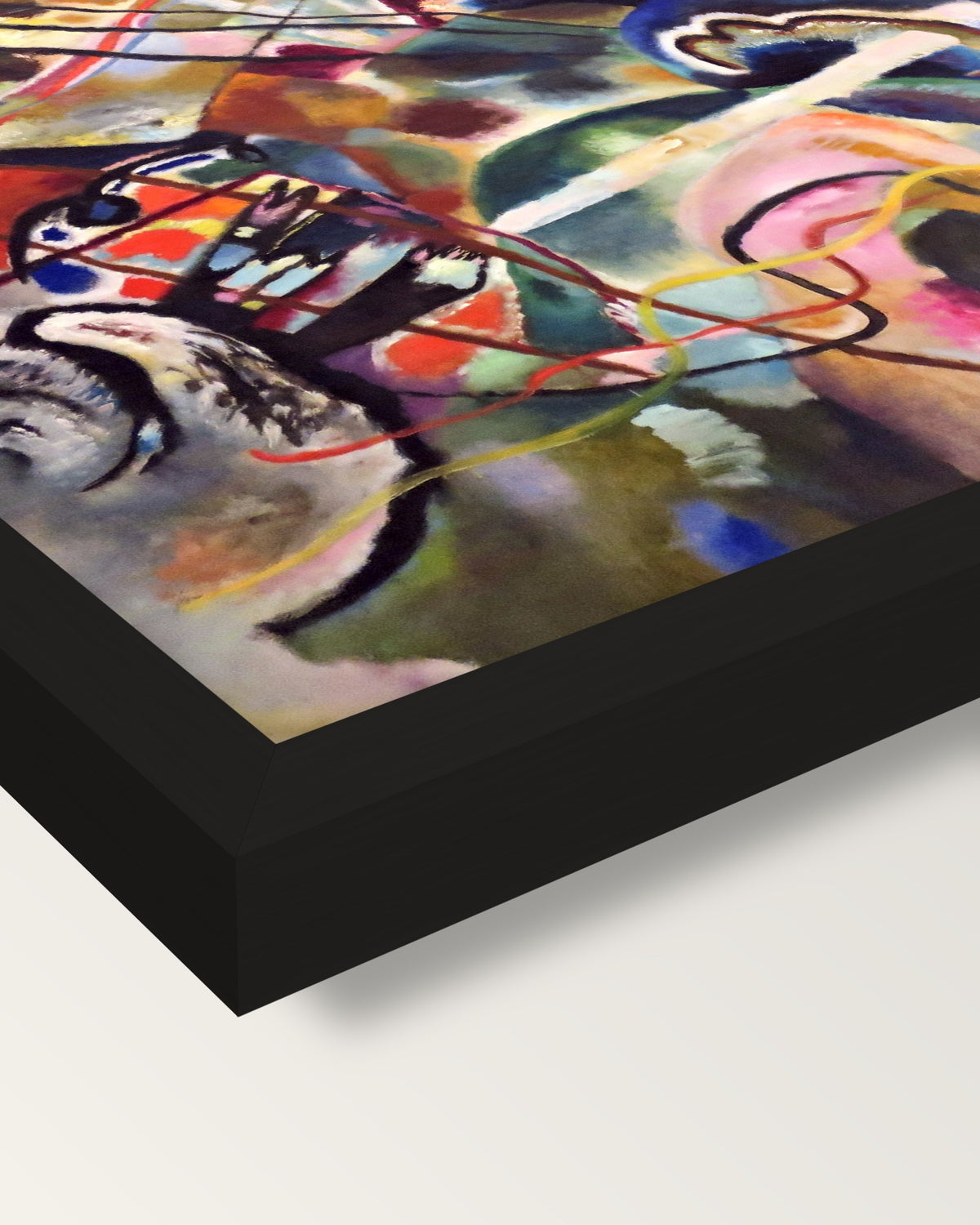 Painting with White Border framed print, corner close-up: black moulding, mitred, the print set just below its edge