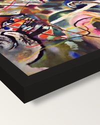 Painting with White Border framed print, corner close-up: black moulding, mitred, the print set just below its edge