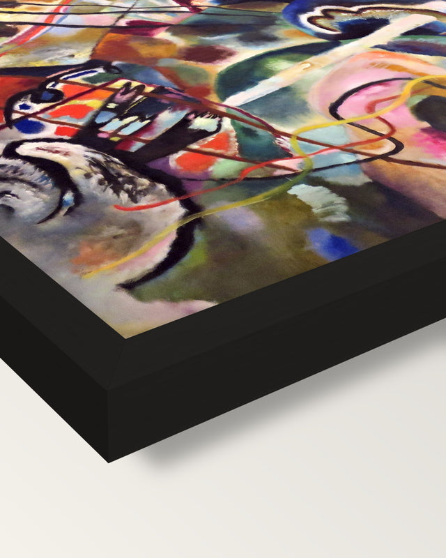 Painting with White Border framed print, corner close-up: black moulding, mitred, the print set just below its edge