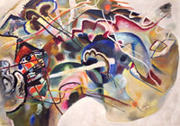 Painting with White Border by Wassily Kandinsky: swirling blues, reds and greens with black lines inside a white border