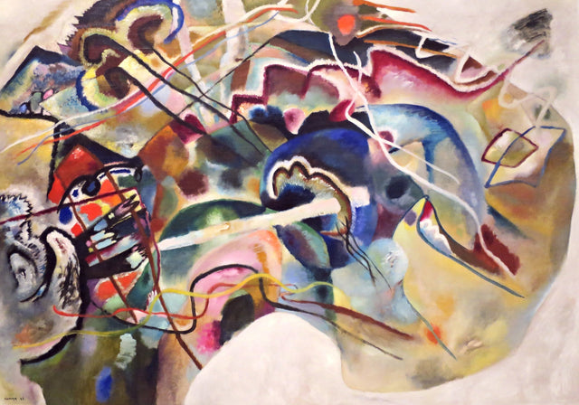 Painting with White Border by Wassily Kandinsky: swirling blues, reds and greens with black lines inside a white border