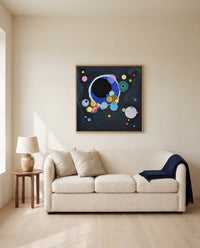 Several Circles by Wassily Kandinsky framed in natural oak above a cream sofa in a warm living room