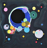 Several Circles by Wassily Kandinsky: a large black and blue circle and many small coloured circles floating on a dark ground
