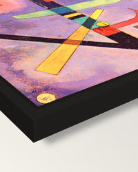 Three Elements by Wassily Kandinsky framed canvas, corner close-up: a black floating frame with a shadow gap round the canvas