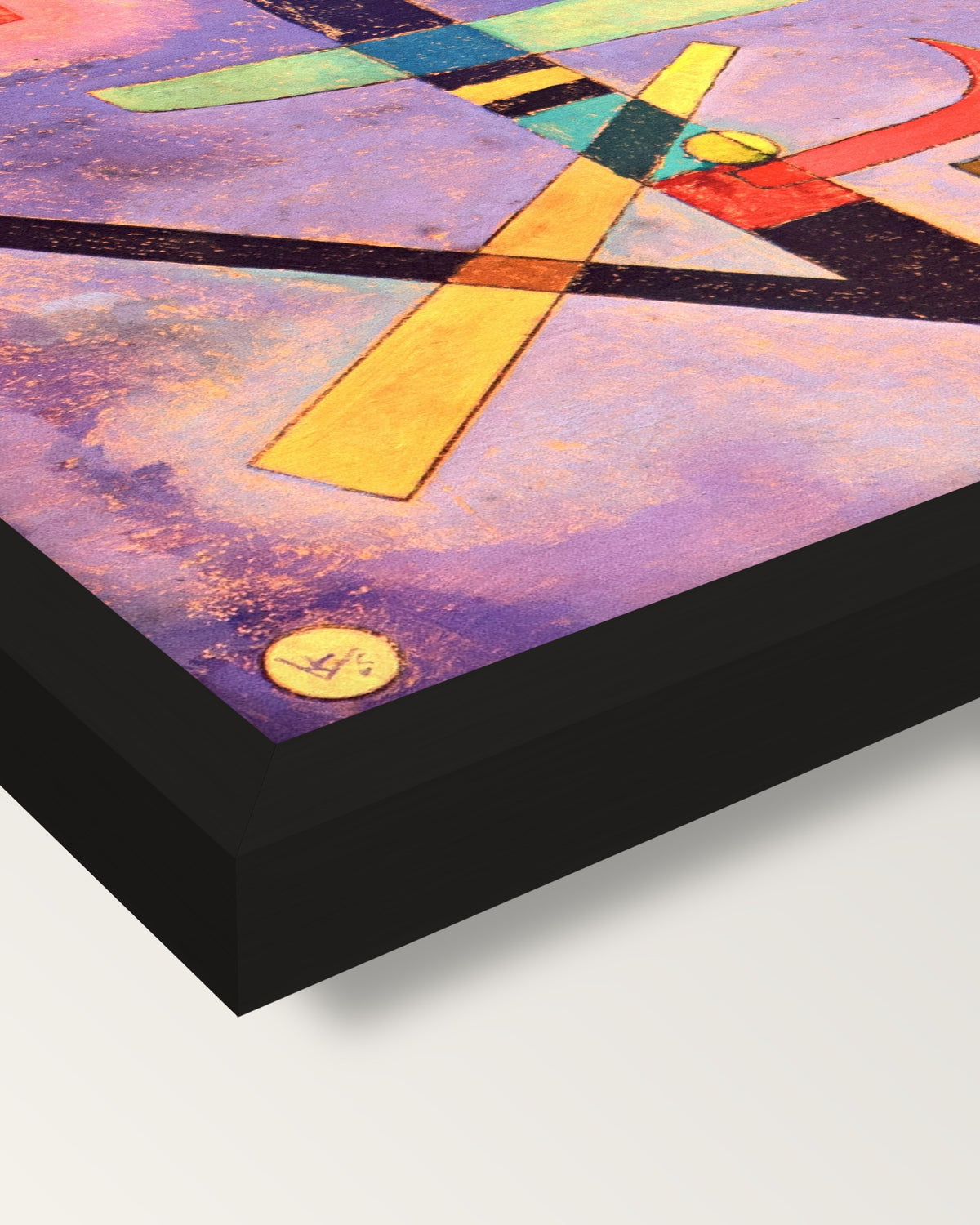 Three Elements by Wassily Kandinsky framed print, corner close-up: black moulding, mitred, the print set just below its edge
