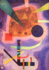 Three Elements by Wassily Kandinsky: a dark circle, green triangles and coloured bars over an orange shape on violet