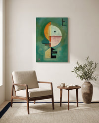 Upward by Wassily Kandinsky as a stretched canvas above a linen lounge chair in a reading corner