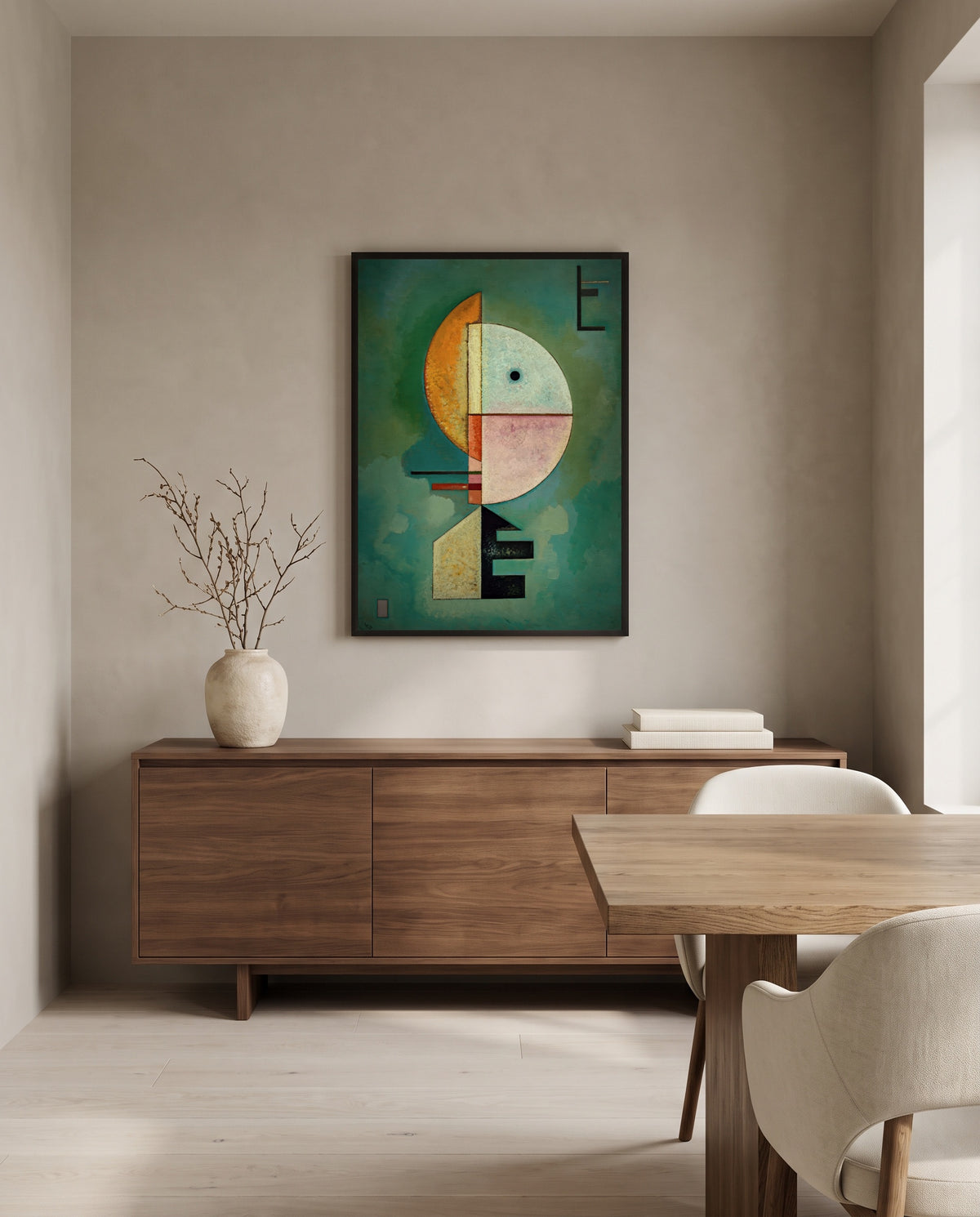 Upward by Wassily Kandinsky in a black frame above a walnut sideboard in a dining room