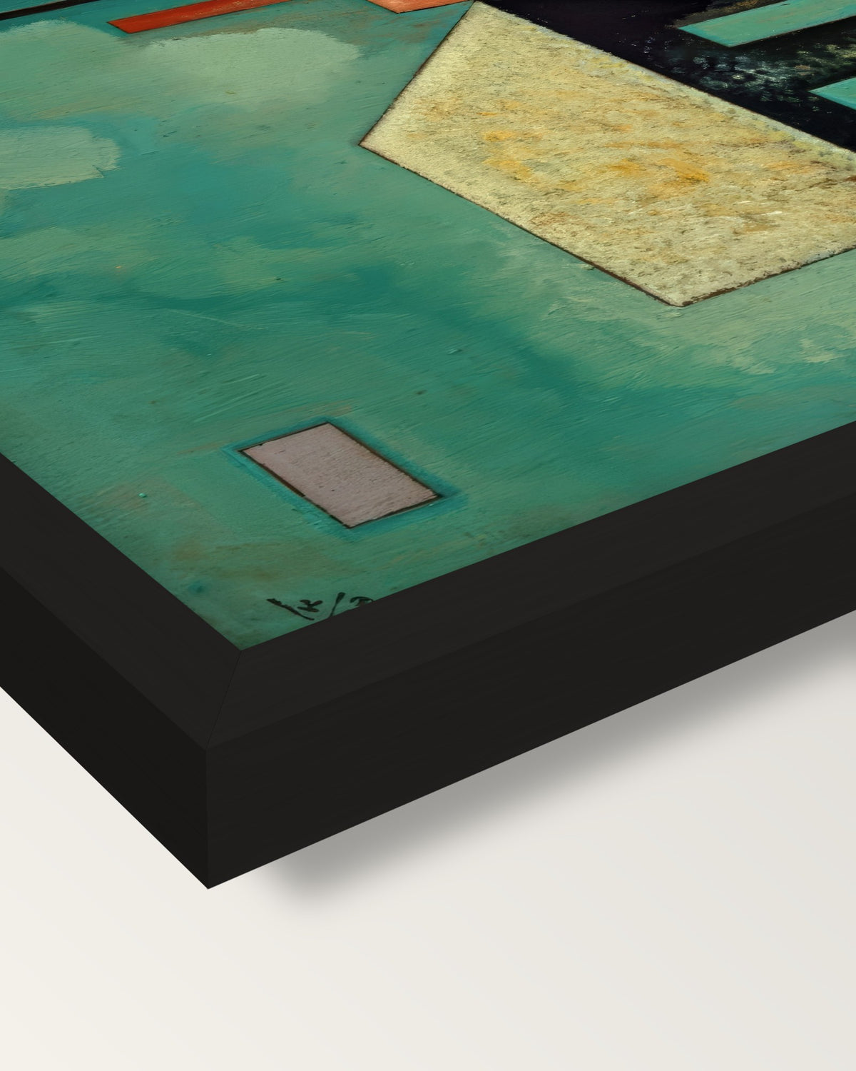 Upward by Wassily Kandinsky framed print, corner close-up: black moulding, mitred, the print set just below its edge