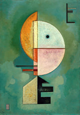 Upward by Wassily Kandinsky: orange and pink half-circles and black shapes rising on a deep green ground