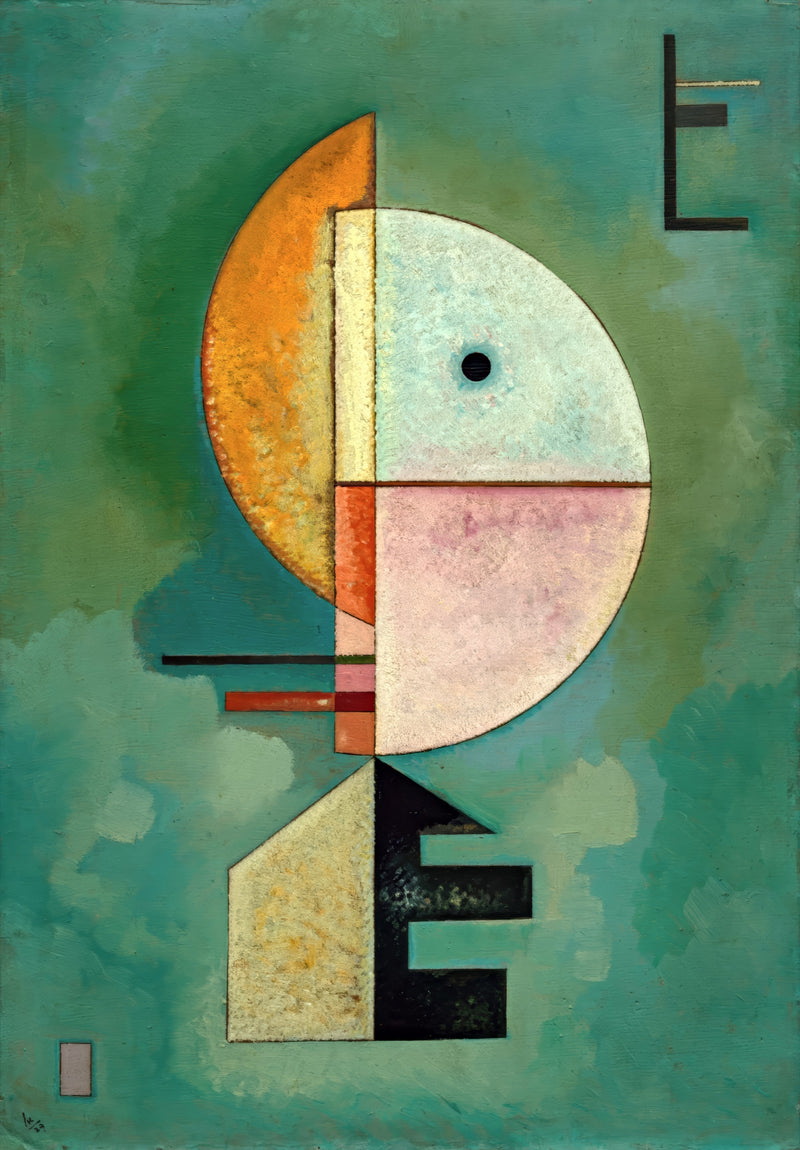 Upward by Wassily Kandinsky: orange and pink half-circles and black shapes rising on a deep green ground