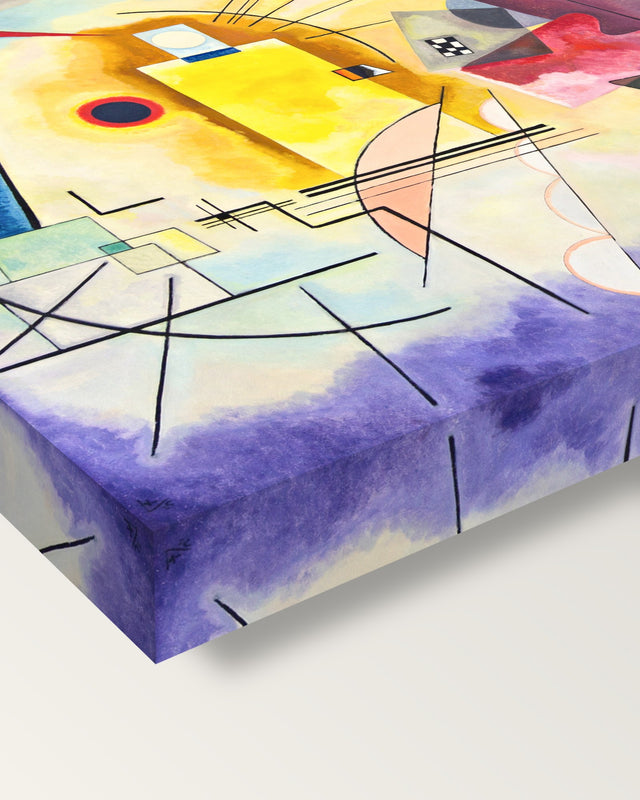 Yellow-Red-Blue by Wassily Kandinsky on stretched canvas, corner close-up: the painting mirror-wrapped round the sides