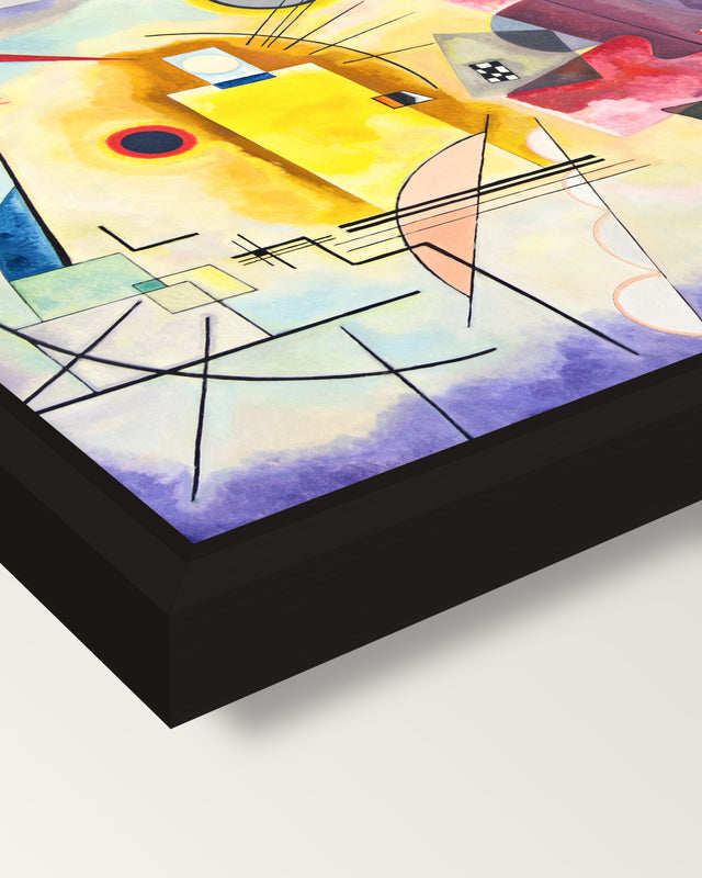 Yellow-Red-Blue by Kandinsky framed canvas, corner close-up: a black floating frame with a shadow gap round the canvas
