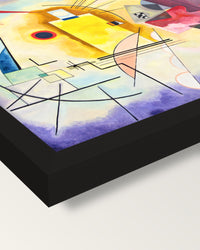Yellow-Red-Blue by Wassily Kandinsky framed print, corner close-up: black moulding, mitred, the print set just below its edge