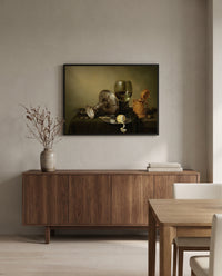 Gilded Beer Tankard by Willem Claesz. Heda in a black frame above a walnut sideboard in a dining room