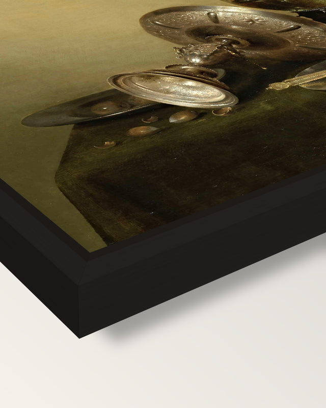 Gilded Beer Tankard by Heda framed canvas, corner close-up: a black floating frame with a shadow gap round the canvas