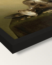 Gilded Beer Tankard by Heda framed print, corner close-up: black moulding, mitred, the print set just below its edge